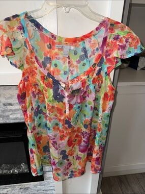 Old Navy Bright Multicolor Sheer Floral Scoop Neck Blouse